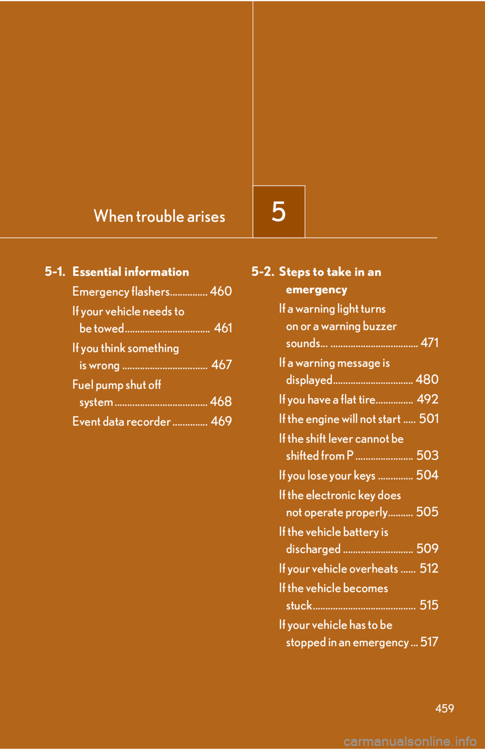 Lexus IS250 2010 Theft Deterrent System / LEXUS 2010 IS350 IS250 (OM53A23U) Workshop Manual When trouble arises5
459
5-1. Essential information
Emergency flashers............... 460
If your vehicle needs to
be towed.................................. 461
If you think something
is wrong ... Lexus IS250 2010 Theft Deterrent System / LEXUS 2010 IS350 IS250 (OM53A23U) Workshop Manual When trouble arises5
459
5-1. Essential information
Emergency flashers............... 460
If your vehicle needs to
be towed.................................. 461
If you think something
is wrong ...