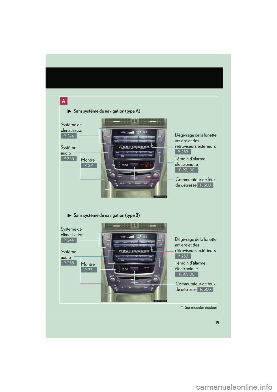 Lexus IS250 2010  Manuel du propriétaire (in French) / Manuel du propriétaire - IS 250, IS 350 IS350/250_D
15
 Sans système de navigation (type A)
Montre
P. 371
Système 
audio
P. 255
Système de 
climatisation 
P. 244Dégivrage de la lunette 
arrière et des 
rétroviseurs extérieurs 
P. 253