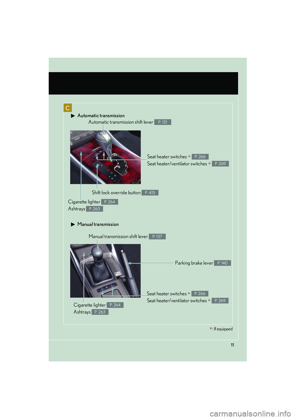 Lexus IS250 2009  Owners Manual 08_IS350/250_U_(L/O_0808)
11
C
 Automatic transmission
 Manual transmission
Seat heater switches  
Seat heater/ventilator switches 
 
P. 266
P. 269
Automatic transmission shift lever P. 131
Shift lo