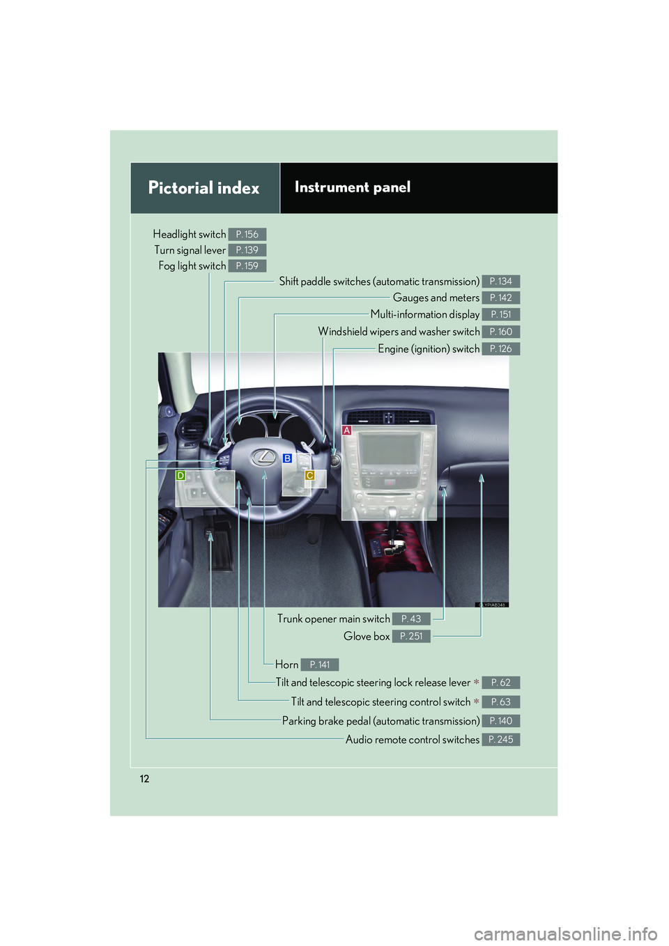 Lexus IS250 2009  Owners Manual 08_IS350/250_U_(L/O_0808)
12
Pictorial indexInstrument panel
Headlight switch Turn signal lever  Fog light switch P. 156
P. 139
P. 159
Shift paddle switches (automatic transmission) P. 134
Gauges and 