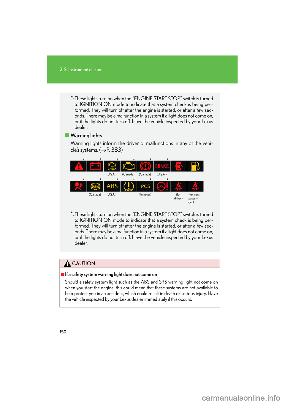 Lexus IS250 2009  Owners Manual 150
2-2. Instrument cluster
08_IS350/250_U_(L/O_0808)
CAUTION
■If a safety system warning light does not come on
Should a safety system light such as the ABS and SRS warning light not come on
when y