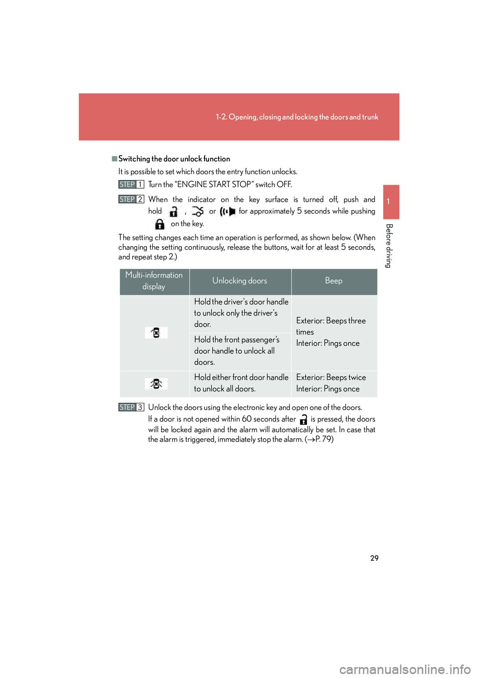 Lexus IS250 2009  Owners Manual 29
1-2. Opening, closing and locking the doors and trunk
1
Before driving
08_IS350/250_U_(L/O_0808)
■Switching the door unlock function
It is possible to set which doors the entry function unlocks. 