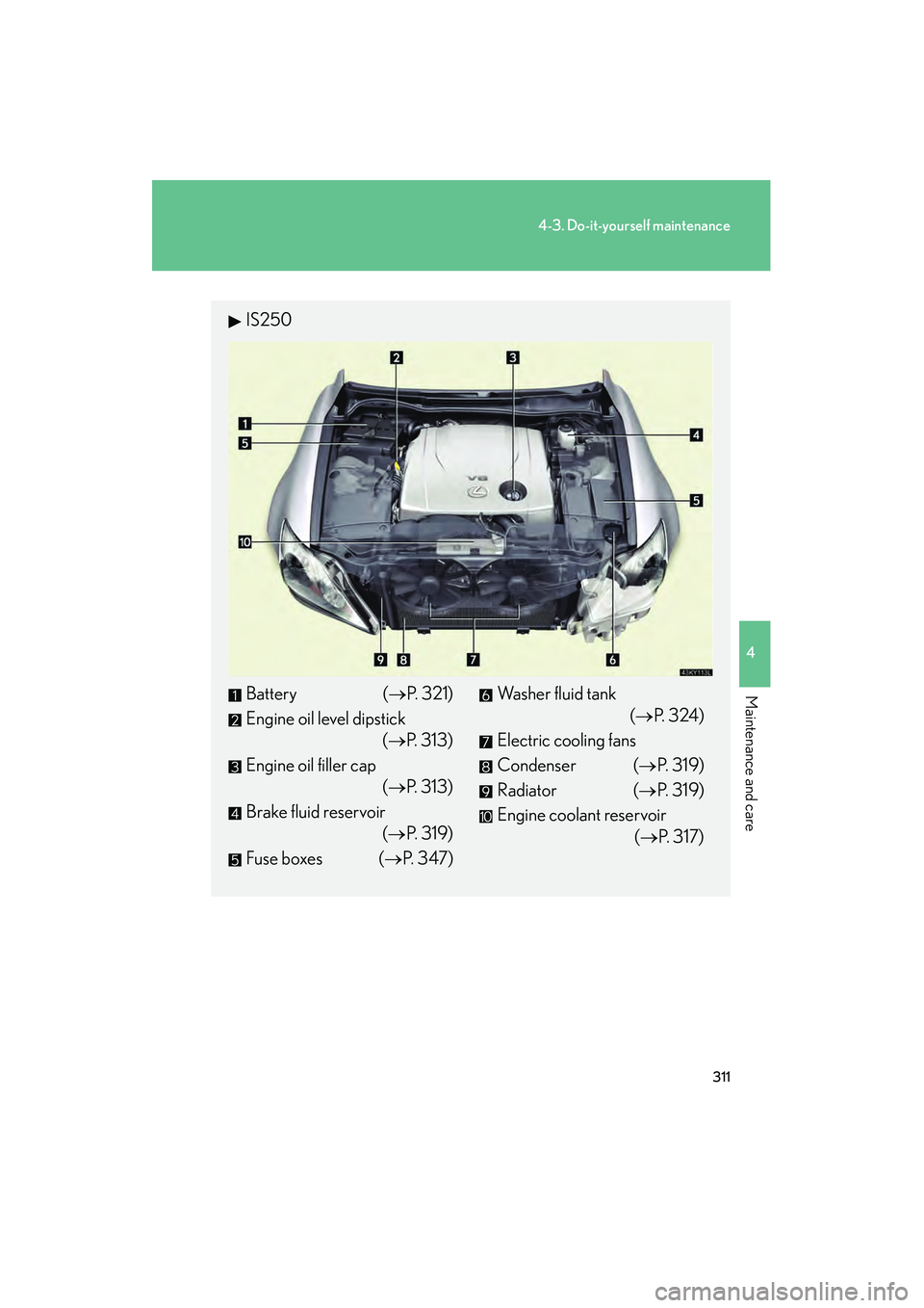 Lexus IS250 2009  Owners Manual 311
4-3. Do-it-yourself maintenance
4
Maintenance and care
08_IS350/250_U_(L/O_0808)
IS250
Battery (P. 321)
Engine oil level dipstick (P. 313)
Engine oil filler cap (P. 313)
Brake fluid reservoir (