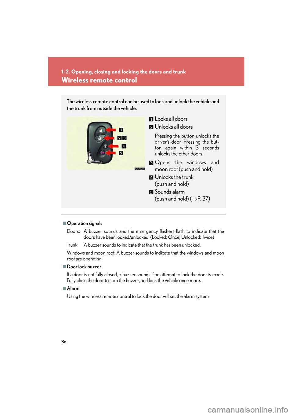 Lexus IS250 2009 Owners Guide 36
1-2. Opening, closing and locking the doors and trunk
08_IS350/250_U_(L/O_0808)
Wireless remote control
■Operation signals
Doors:  A buzzer sounds and the emergency flashers flash to indicate tha