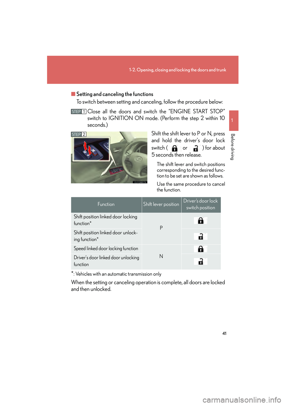 Lexus IS250 2009  Owners Manual 41
1-2. Opening, closing and locking the doors and trunk
1
Before driving
08_IS350/250_U_(L/O_0808)■
Setting and canceling the functions
To switch between setting and canceling, follow the procedure