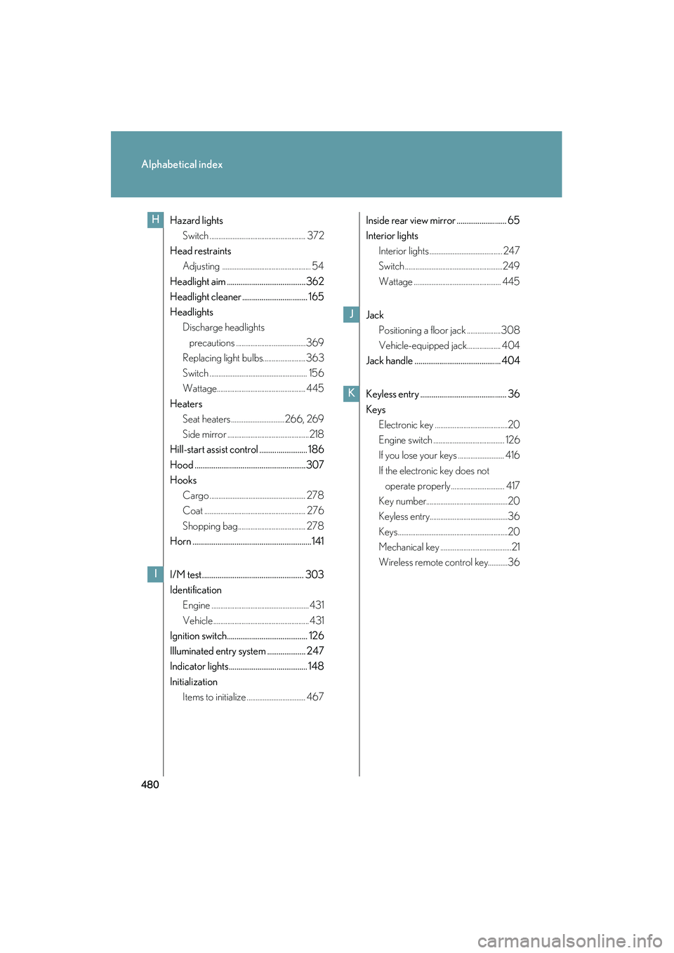 Lexus IS250 2009  Owners Manual 480
Alphabetical index
08_IS350/250_U_(L/O_0808)
Hazard lights
Switch ...................................................... 372
Head restraints
Adjusting .............................................