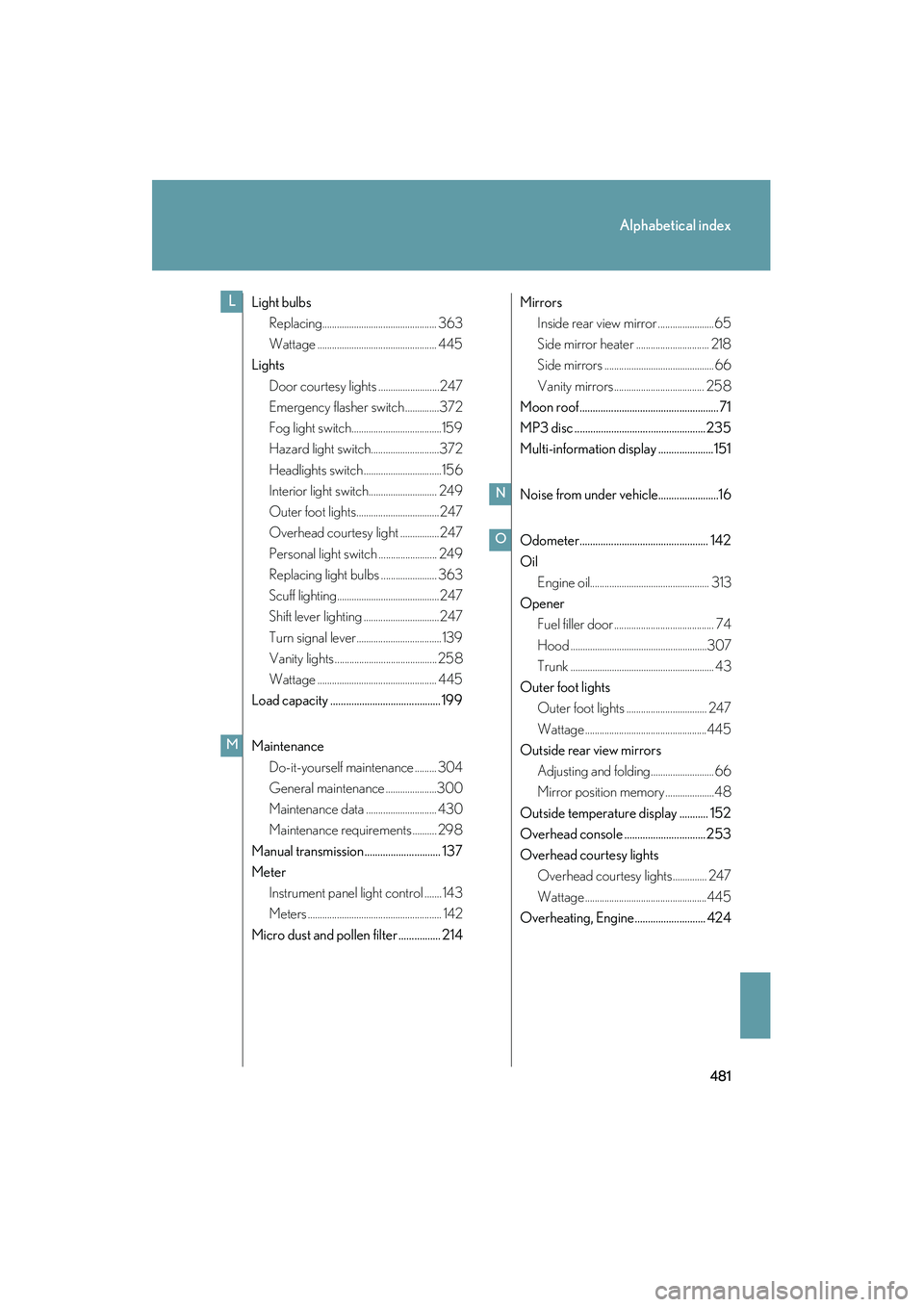 Lexus IS250 2009 Service Manual 481
Alphabetical index
08_IS350/250_U_(L/O_0808)
Light bulbsReplacing............................................... 363
Wattage ................................................. 445
Lights
Door court