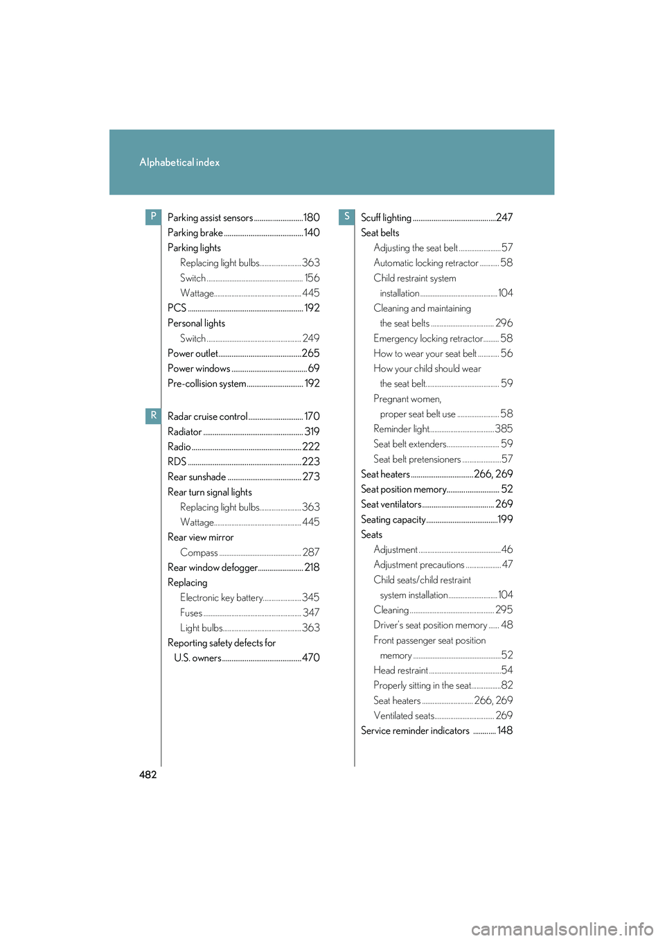 Lexus IS250 2009 Service Manual 482
Alphabetical index
08_IS350/250_U_(L/O_0808)
Parking assist sensors ..........................180
Parking brake .......................................... 140
Parking lights
Replacing light bulbs.