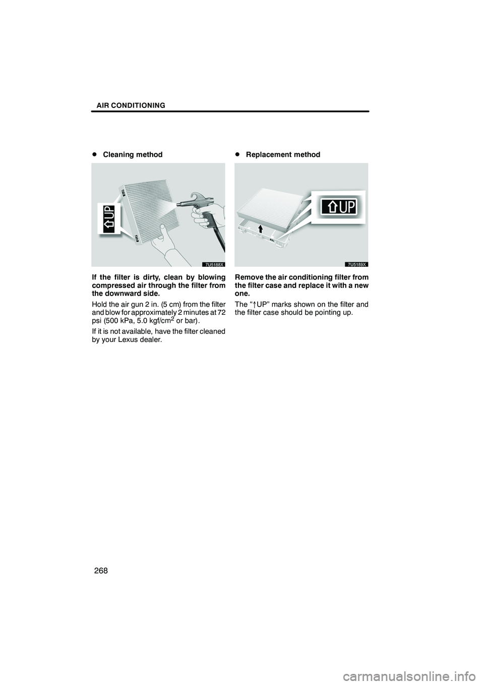 Lexus IS250 2009 Navigation Manual Finish
AIR CONDITIONING
268
D
Cleaning method
If the filter is dirty, clean by blowing
compressed air through the filter from
the downward side.
Hold the air gun 2 in. (5 cm) from the filter
and blow Lexus IS250 2009 Navigation Manual Finish
AIR CONDITIONING
268
D
Cleaning method
If the filter is dirty, clean by blowing
compressed air through the filter from
the downward side.
Hold the air gun 2 in. (5 cm) from the filter
and blow