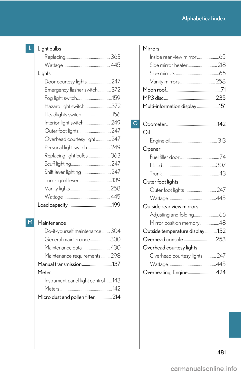 Lexus IS250 2009  Do-it-yourself maintenance / LEXUS 2009 IS350/250 OWNERS MANUAL (OM53669U) 481
Alphabetical index
Light bulbsReplacing............................................... 363
Wattage ................................................. 445
Lights Door courtesy lights ...............