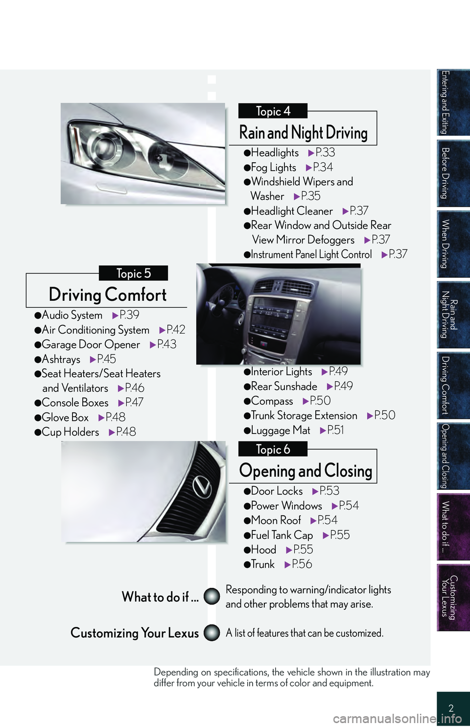 Lexus IS250 2009 Do-it-yourself maintenance / LEXUS 2009 IS350/250 QUICK GUIDE OWNERS MANUAL (OM53689U) Entering and Exiting
Before Driving
When Driving
Rain and
Night Driving
Driving Comfort
Opening and Closing
What to do if ...
Customizing Yo u r L e x u s
2
Driving Comfort
Topic 5
Opening and Closi Lexus IS250 2009 Do-it-yourself maintenance / LEXUS 2009 IS350/250 QUICK GUIDE OWNERS MANUAL (OM53689U) Entering and Exiting
Before Driving
When Driving
Rain and
Night Driving
Driving Comfort
Opening and Closing
What to do if ...
Customizing Yo u r L e x u s
2
Driving Comfort
Topic 5
Opening and Closi
