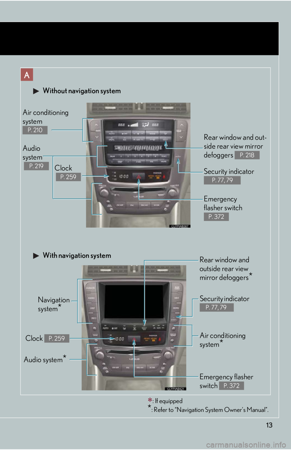 Lexus IS250 2009  Specifications / LEXUS 2009 IS350/250 OWNERS MANUAL (OM53669U) 13
 Without navigation system
Navigation 
system
*
Clock
 
P. 259
Audio 
system
 
P. 219
Air conditioning
system
P. 210
Rear window and out-
side rear view mirror 
defoggers 
P. 218
Security indicator