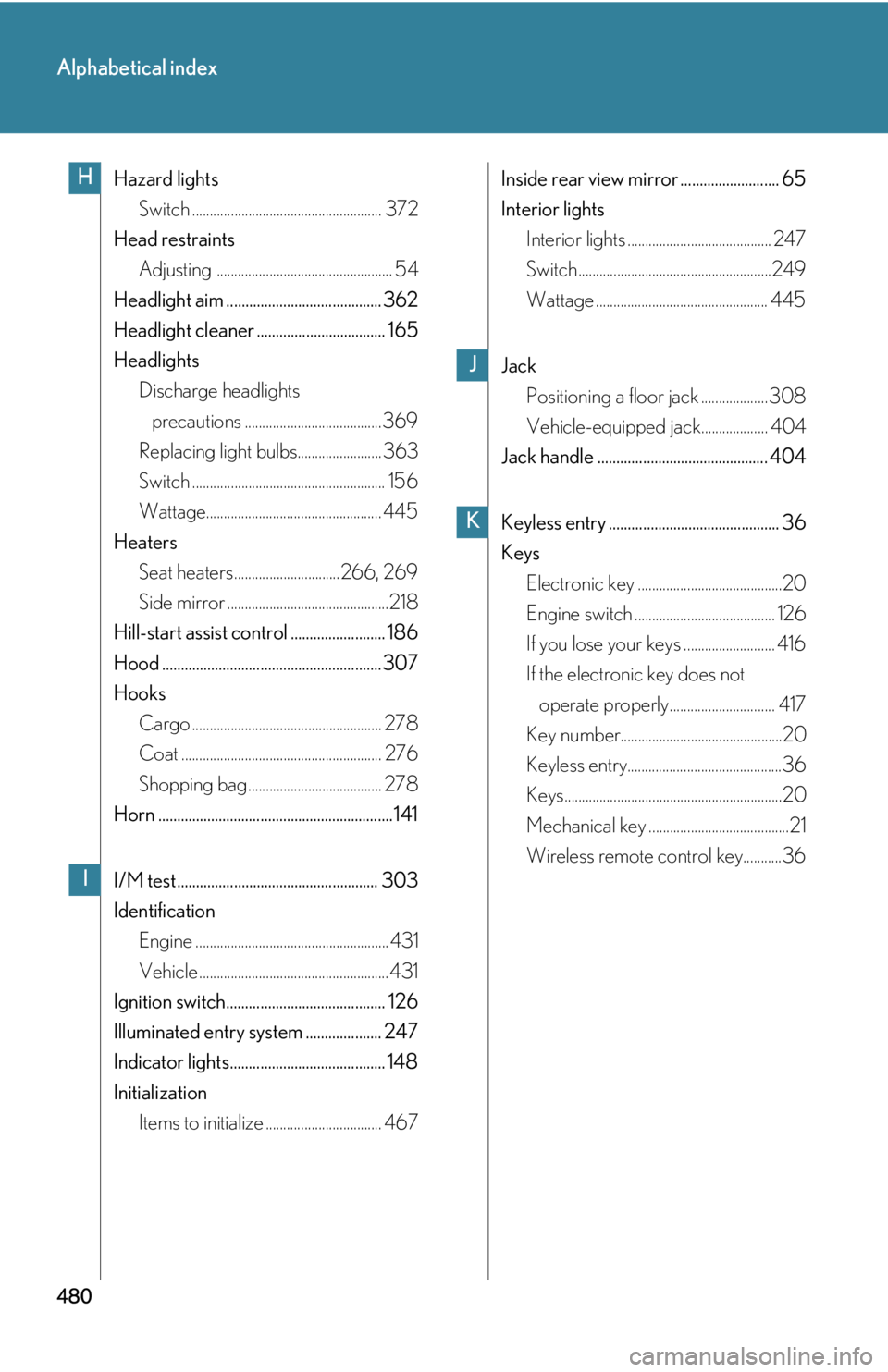 Lexus IS250 2009  Specifications / LEXUS 2009 IS350/250  (OM53669U) Owners Guide 480
Alphabetical index
Hazard lightsSwitch ...................................................... 372
Head restraints Adjusting .................................................. 54
Headlight aim ....