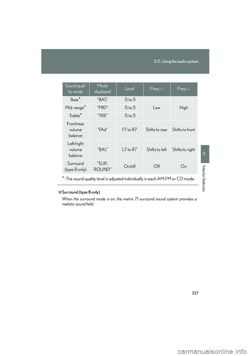 Lexus IS250 2008 Owners Manual 227
3-2. Using the audio system
3
Interior features
08_IS350/250_U_(L/O_0708)
*: The sound quality level is adjusted individually in each AM⋅FM or CD mode.
■Surround (type B only)
When the surroun Lexus IS250 2008 Owners Manual 227
3-2. Using the audio system
3
Interior features
08_IS350/250_U_(L/O_0708)
*: The sound quality level is adjusted individually in each AM⋅FM or CD mode.
■Surround (type B only)
When the surroun