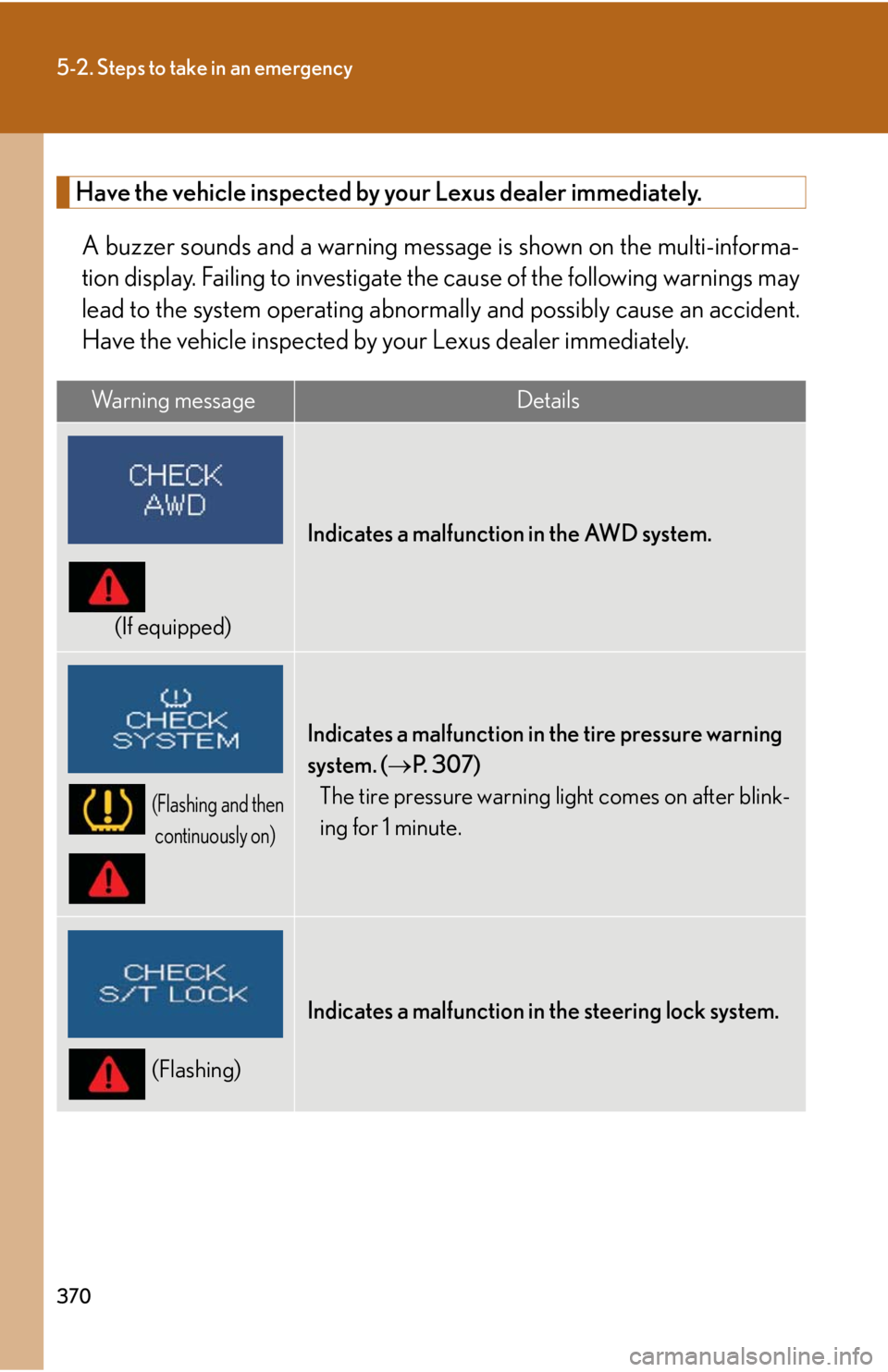 Lexus IS250 2008 Scheduled Maintenace Guide / LEXUS 2008 IS250 OWNERS MANUAL (OM53699U) 370
5-2. Steps to take in an emergency
Have the vehicle inspected by your Lexus dealer immediately.
A buzzer sounds and a warning message is shown on the multi-informa-
tion display. Failing to inves Lexus IS250 2008 Scheduled Maintenace Guide / LEXUS 2008 IS250 OWNERS MANUAL (OM53699U) 370
5-2. Steps to take in an emergency
Have the vehicle inspected by your Lexus dealer immediately.
A buzzer sounds and a warning message is shown on the multi-informa-
tion display. Failing to inves