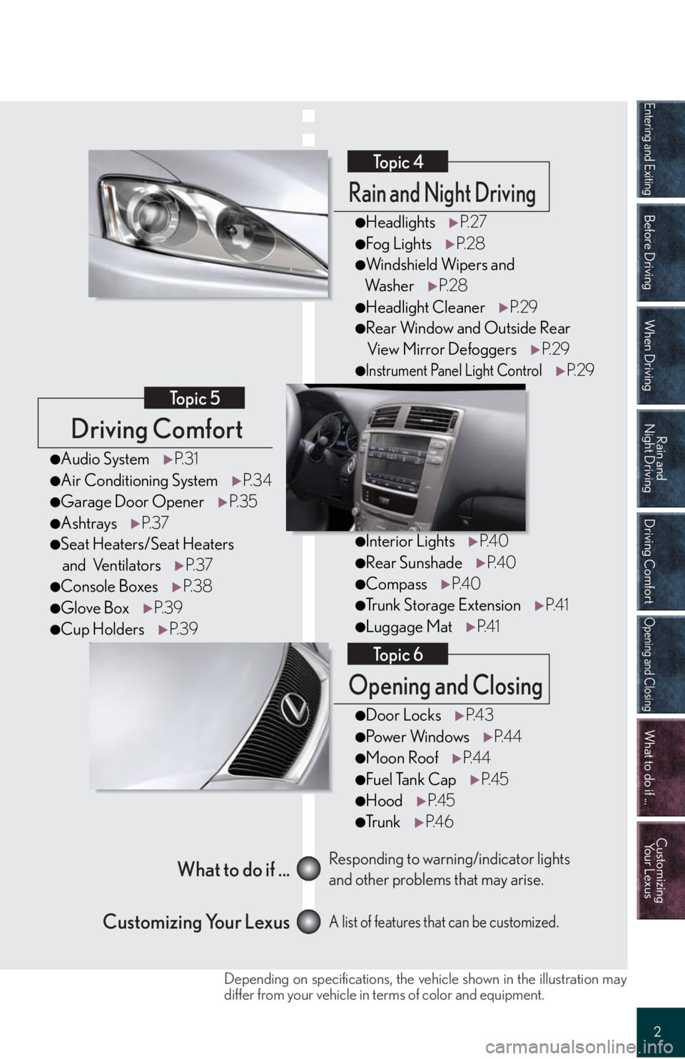 Lexus IS250 2008 Audio/video System / LEXUS 2008 IS 350/250 QUICK GUIDE OWNERS MANUAL (OM60D81U) Entering and Exiting
Before Driving
When Driving
Rain and
Night Driving
Driving Comfort
Opening and Closing
What to do if ...
Customizing
Yo u r L e x u s
2
Driving Comfort
Topic 5
Opening and Closi Lexus IS250 2008 Audio/video System / LEXUS 2008 IS 350/250 QUICK GUIDE OWNERS MANUAL (OM60D81U) Entering and Exiting
Before Driving
When Driving
Rain and
Night Driving
Driving Comfort
Opening and Closing
What to do if ...
Customizing
Yo u r L e x u s
2
Driving Comfort
Topic 5
Opening and Closi