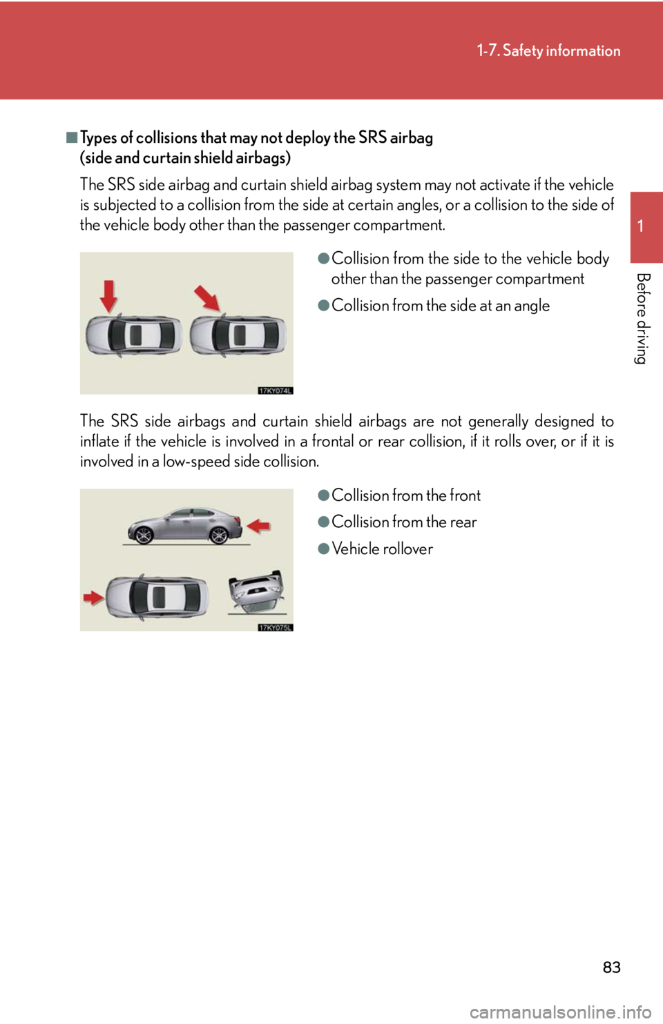 Lexus IS250 2008 Audio/video System / LEXUS 2008 IS250 (OM53699U) Manual Online 83
1-7. Safety information
1
Before driving
■Types of collisions that may not deploy the SRS airbag
(side and curtain shield airbags)
The SRS side airbag and curtain shield airbag system may not ac Lexus IS250 2008 Audio/video System / LEXUS 2008 IS250 (OM53699U) Manual Online 83
1-7. Safety information
1
Before driving
■Types of collisions that may not deploy the SRS airbag
(side and curtain shield airbags)
The SRS side airbag and curtain shield airbag system may not ac