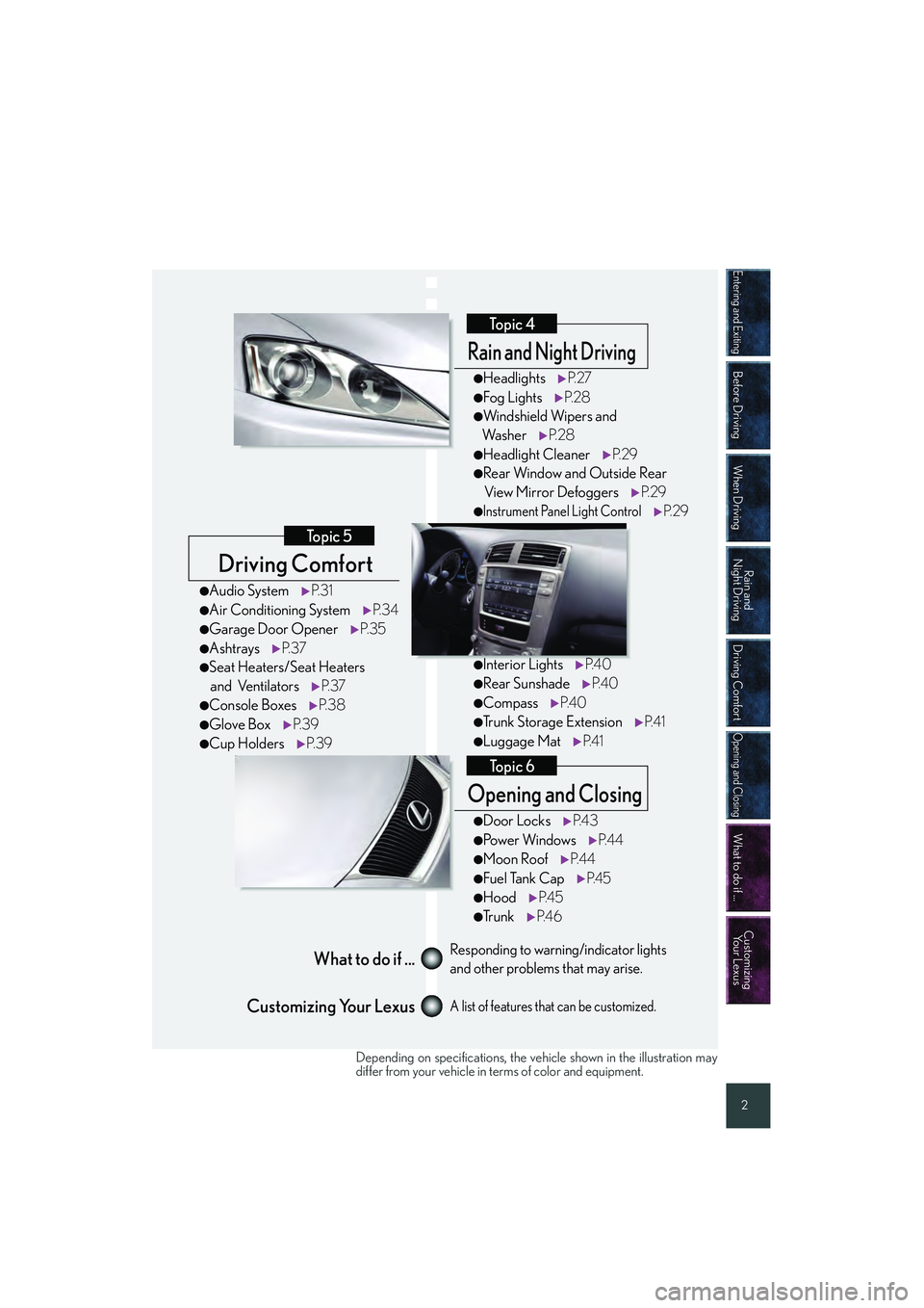 Lexus IS250 2008  Quick Guide Entering and Exiting
Before Driving
When Driving
Rain and 
Night Driving
Driving Comfort
Opening and Closing
What to do if ...
Customizing Your Lexus
2
Driving Comfort
Topic 5
Opening and Closing
Topi