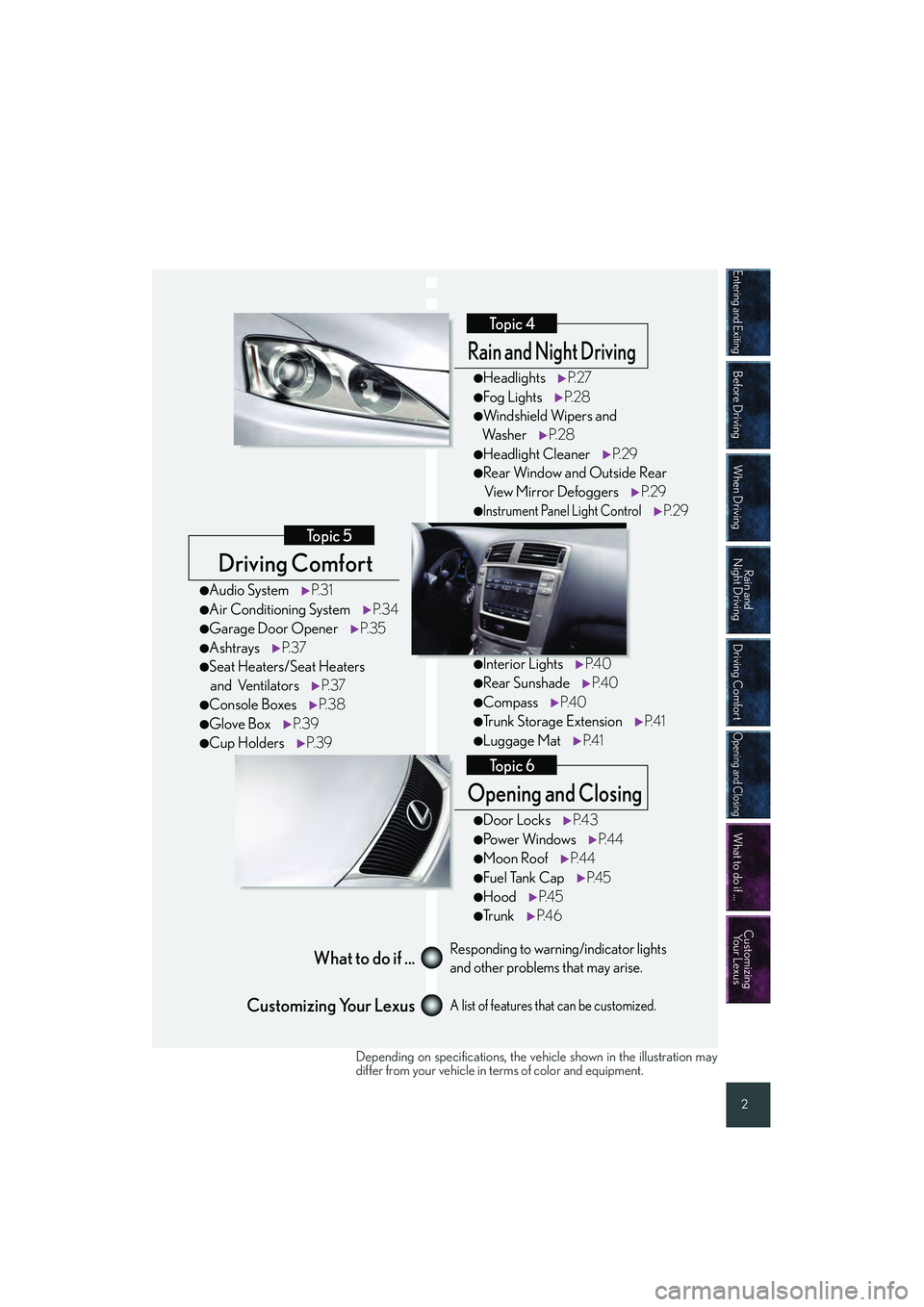Lexus IS250 2008 Quick Guide Entering and Exiting
Before Driving
When Driving
Rain and
Night Driving
Driving Comfort
Opening and Closing
What to do if ...
Customizing Your Lexus
2
Driving Comfort
Topic 5
Opening and Closing
Topi Lexus IS250 2008 Quick Guide Entering and Exiting
Before Driving
When Driving
Rain and
Night Driving
Driving Comfort
Opening and Closing
What to do if ...
Customizing Your Lexus
2
Driving Comfort
Topic 5
Opening and Closing
Topi