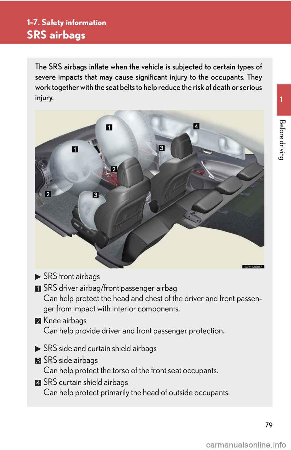 Lexus IS250 2008  Other interior features / LEXUS 2008 IS250  (OM53699U) Manual PDF 79
1
1-7. Safety information
Before driving
SRS airbags
The SRS airbags inflate when the vehicle is subjected to certain types of
severe impacts that may cause significant injury to the occupants. The