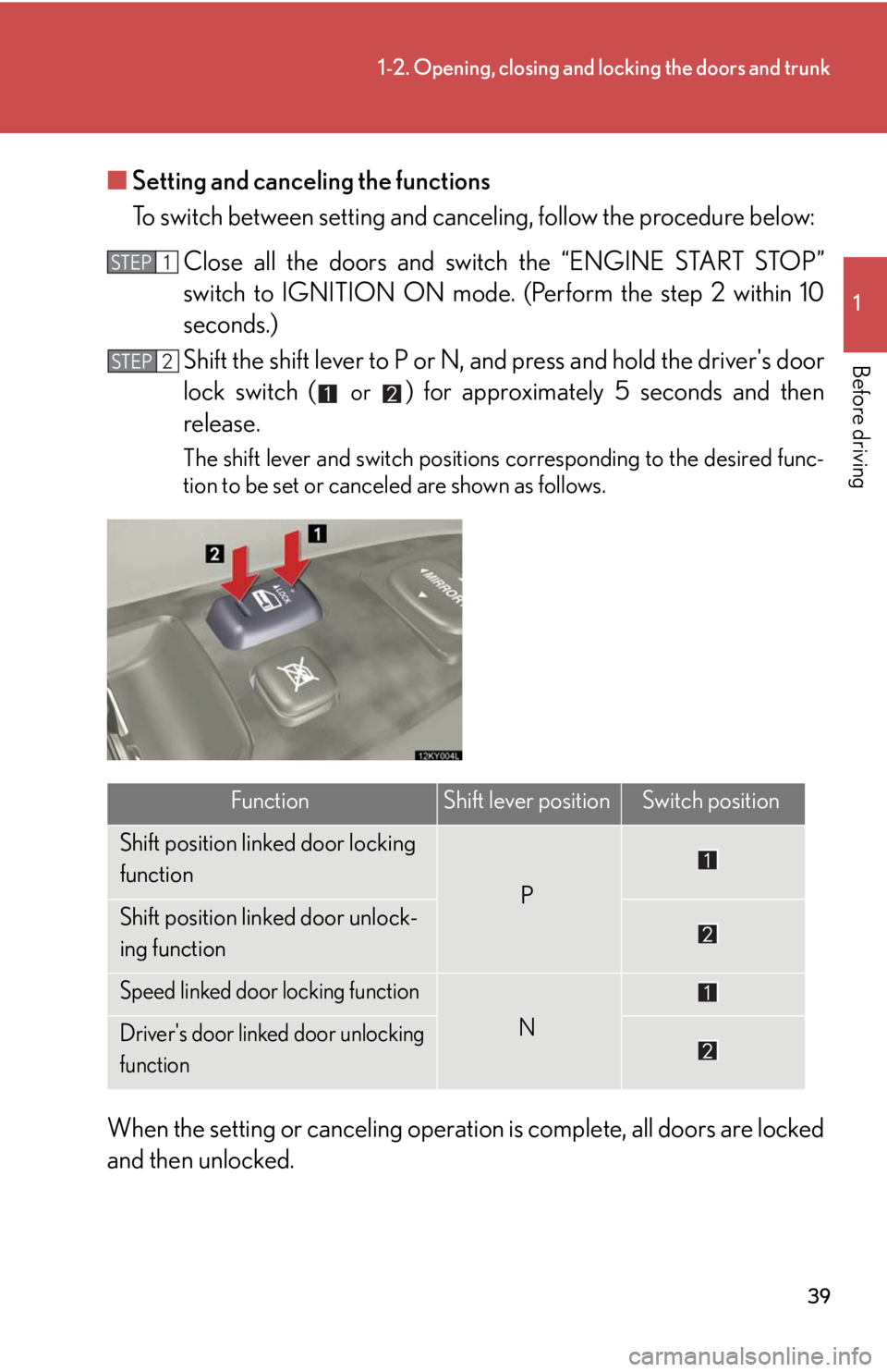 Lexus IS250 2008  Safety information / LEXUS 2008 IS250  (OM53699U) Owners Guide 39
1-2. Opening, closing and locking the doors and trunk
1
Before driving
■Setting and canceling the functions
To switch between setting and canceling, follow the procedure below:
Close all the door