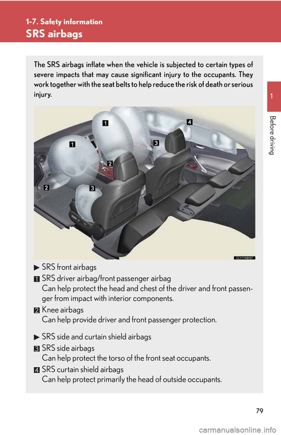 Lexus IS250 2008  Using the audio system / LEXUS 2008 IS250 OWNERS MANUAL (OM53699U) 79
1
1-7. Safety information
Before driving
SRS airbags
The SRS airbags inflate when the vehicle is subjected to certain types of
severe impacts that may cause significant injury to the occupants. The