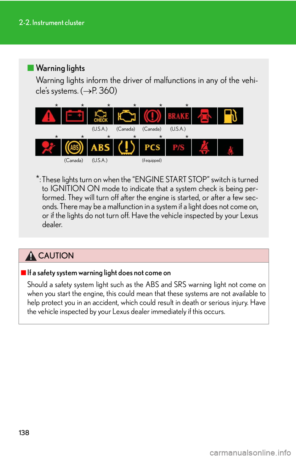 Lexus IS250 2008 Instrument cluster / LEXUS 2008 IS250 OWNERS MANUAL (OM53699U) 138
2-2. Instrument cluster
CAUTION
■If a safety system warning light does not come on
Should a safety system light such as the ABS and SRS warning light not come on
when you start the engine, this Lexus IS250 2008 Instrument cluster / LEXUS 2008 IS250 OWNERS MANUAL (OM53699U) 138
2-2. Instrument cluster
CAUTION
■If a safety system warning light does not come on
Should a safety system light such as the ABS and SRS warning light not come on
when you start the engine, this