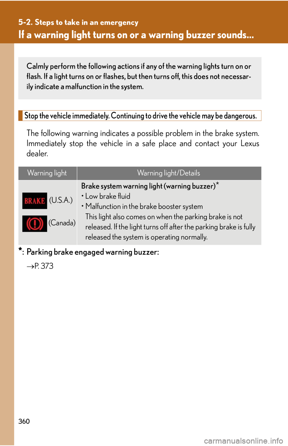 Lexus IS250 2008  Alphabetical index / LEXUS 2008 IS250 OWNERS MANUAL (OM53699U) 360
5-2. Steps to take in an emergency
If a warning light turns on or a warning buzzer sounds...
Stop the vehicle immediately. Continuing  to drive the vehicle may be dangerous.
The following warning 