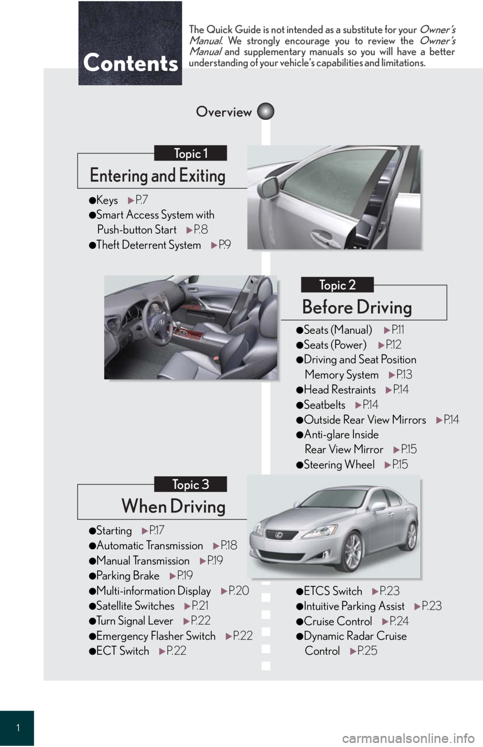 Lexus IS250 2008  Using the air conditioning system and defogger / LEXUS 2008 IS 350/250 QUICK GUIDE OWNERS MANUAL (OM60D81U) 1
When Driving
Topic 3
Entering and Exiting
Topic 1
Before Driving
Topic 2
Overview
Contents
●StartingP.1 7
●Automatic Transmission P.1 8
●Manual TransmissionP.1 9
●Parking BrakeP.1 9
●Multi