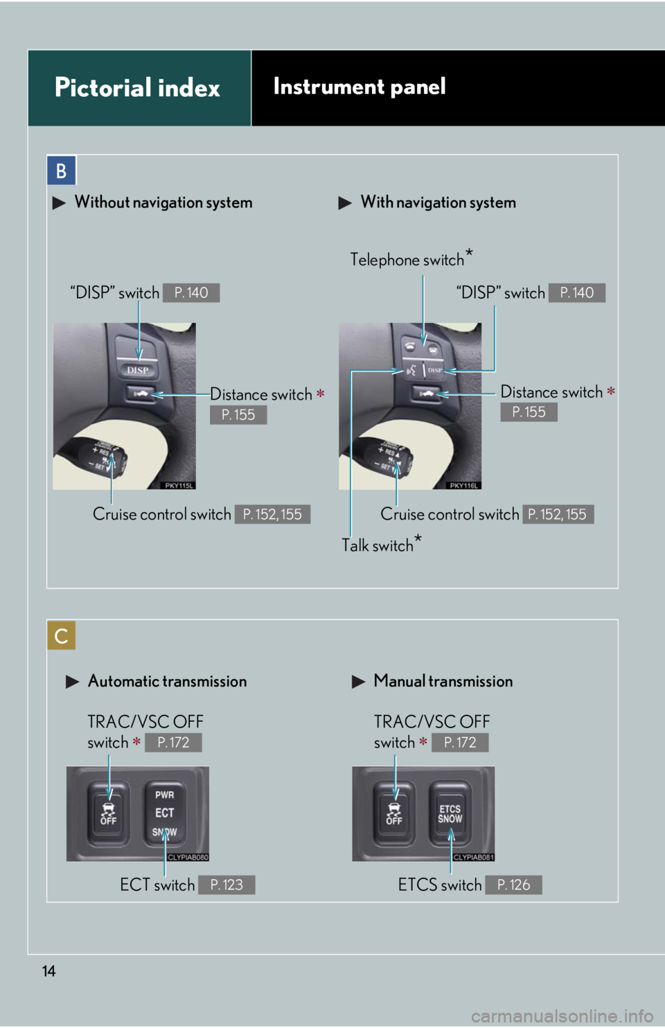Lexus IS250 2008  Theft deterrent system / LEXUS 2008 IS250 OWNERS MANUAL (OM53699U) 14
Pictorial indexInstrument panel
 With navigation system Without navigation system
Telephone switch*
Cruise control switch P. 152, 155
Distance switch  
P. 155
“DISP” switch P. 140
Talk switc