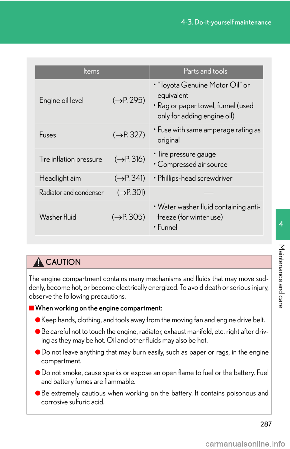Lexus IS250 2008  Theft deterrent system / LEXUS 2008 IS250 OWNERS MANUAL (OM53699U) 287
4-3. Do-it-yourself maintenance
4
Maintenance and care
CAUTION
The engine compartment contains many mechanisms and fluids that may move sud-
denly, become hot, or become electrically energized. To