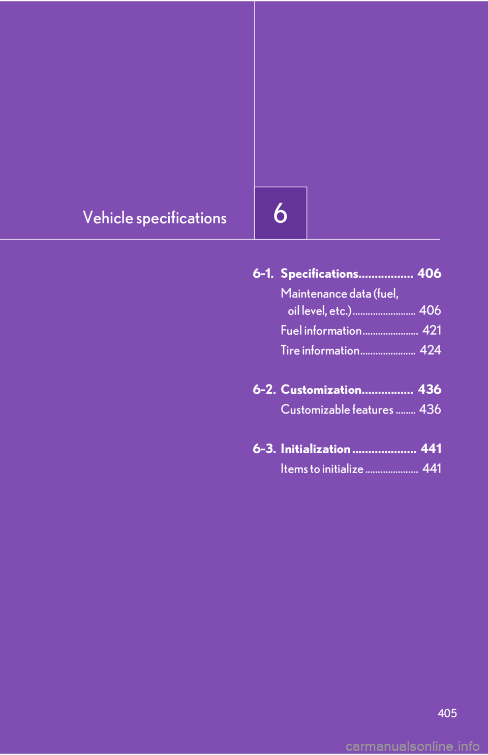 Lexus IS250 2008  Theft deterrent system / LEXUS 2008 IS250 OWNERS MANUAL (OM53699U) Vehicle specifications6
405
6-1. Specifications.................  406Maintenance data (fuel, oil level, etc.) .........................  406
Fuel information ......................  421
Tire informati