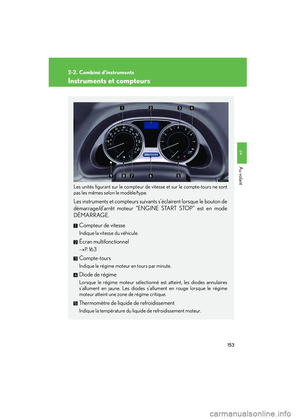 Lexus IS250 2008  Système de navigation manuel du propriétaire (in French) / Manuel du propriétaire - IS 250, IS 350 153
2
Au volant
08_IS350/250_D_(L/O_0708)
2-2. Combiné dinstruments
Instruments et compteurs
Les unités figurant sur le compteur de vitesse et sur le compte-tours ne sont
pas les mêmes selon le mo