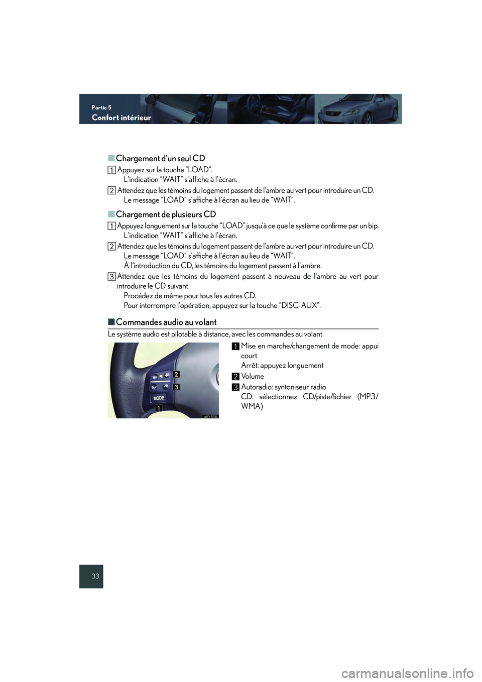 Lexus IS250 2008  Système de navigation manuel du propriétaire (in French) / Guide rapide du manuel du propriétaire - IS 250, IS 350 Partie 5
Confort intérieur
33
■Chargement dun seul CD
 Appuyez sur la touche “LOAD”.Lindication “WAIT” saffiche à lécran.
 Attendez que les témoins du logement passent de lambre au 