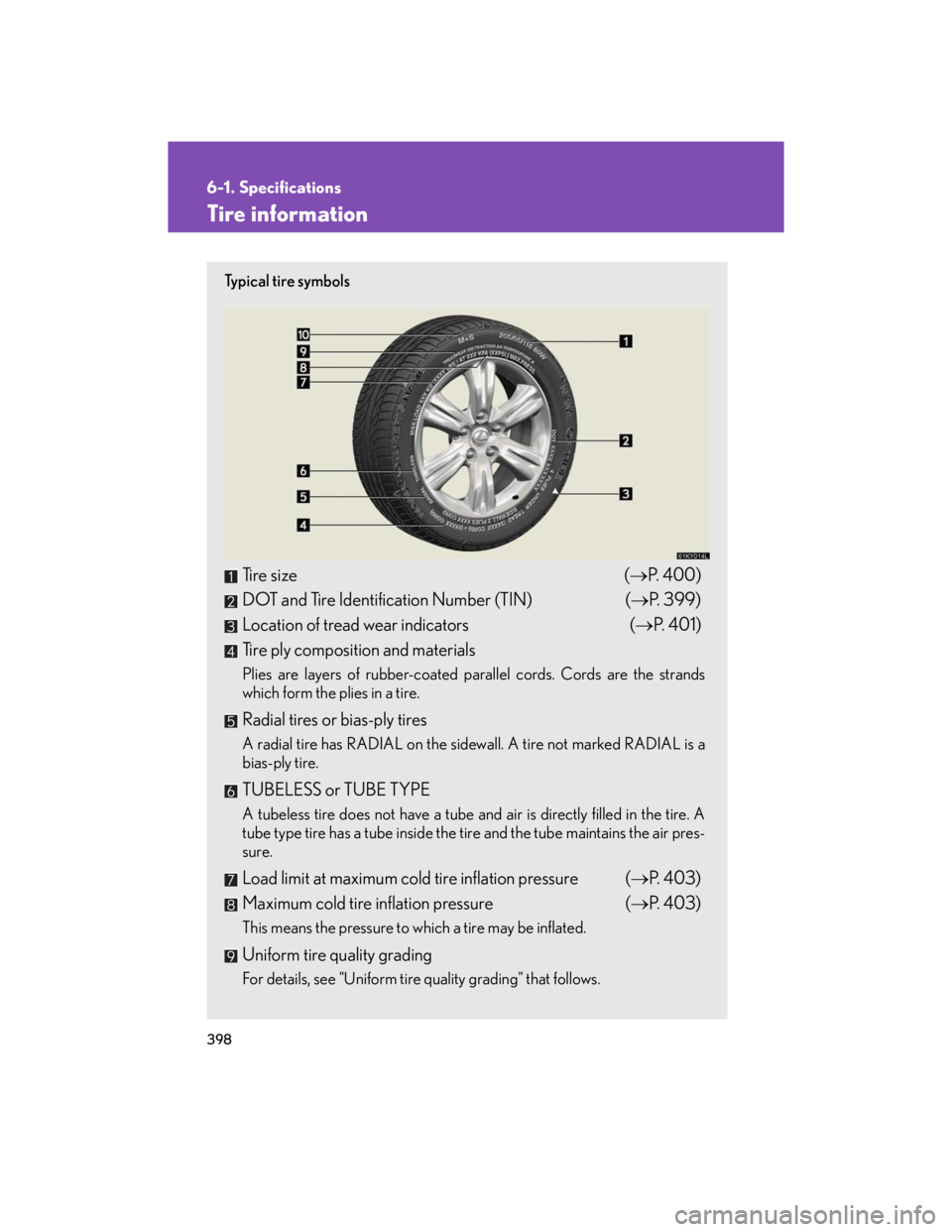 Lexus IS250 2007  Audio/Video System LEXUS 2007 IS350/250 OWNERS MANUAL (OM53578U) 398
6-1. Specifications
Tire information
Ty p i c a l  t i r e  s y m b o l s
Tire size (P.  4 0 0 )
DOT and Tire Identification Number (TIN) (P. 399)
Location of tread wear indicators (P.  4