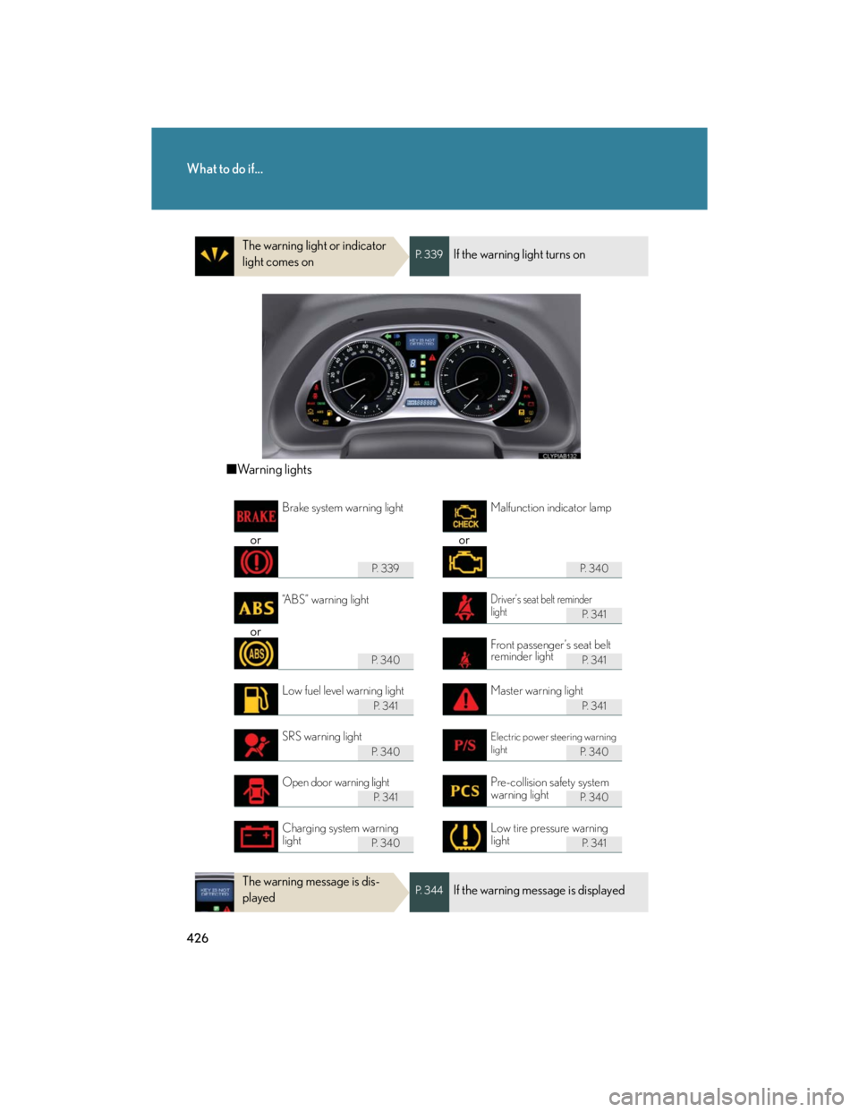 Lexus IS250 2007 Audio/Video System LEXUS 2007 IS350/250 OWNERS MANUAL (OM53578U) 426
What to do if...
The warning light or indicator
light comes onP. 3 3 9If the warning light turns on
■Warning lights
or or
P. 339P. 3 4 0
P. 3 4 1
or
P. 3 4 0P. 3 4 1
P. 3 4 1P. 3 4 1
P. Lexus IS250 2007 Audio/Video System LEXUS 2007 IS350/250 OWNERS MANUAL (OM53578U) 426
What to do if...
The warning light or indicator
light comes onP. 3 3 9If the warning light turns on
■Warning lights
or or
P. 339P. 3 4 0
P. 3 4 1
or
P. 3 4 0P. 3 4 1
P. 3 4 1P. 3 4 1
P.