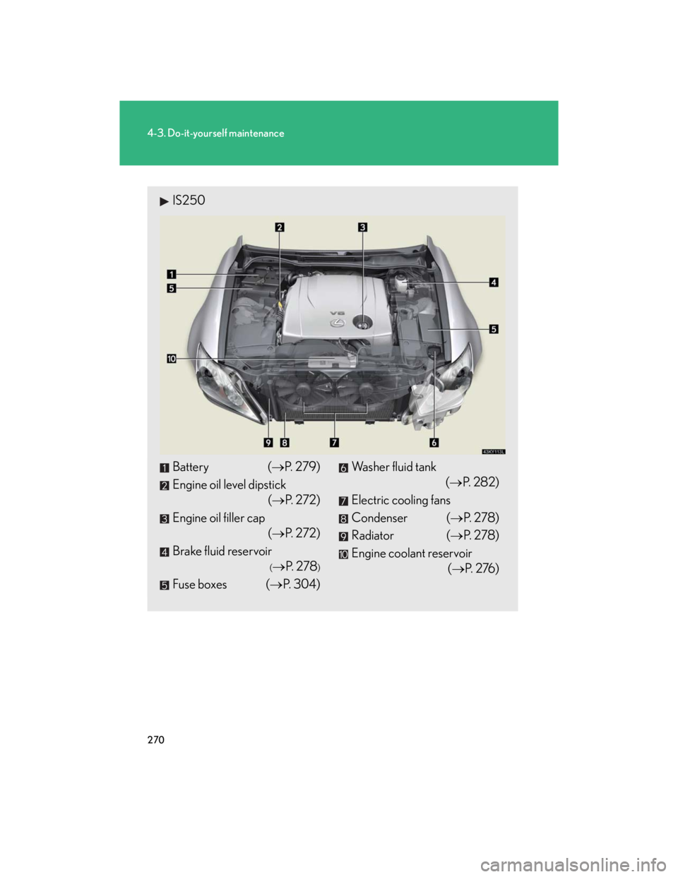 Lexus IS250 2007  Do-it-yourself maintenance / LEXUS 2007 IS350/250 OWNERS MANUAL (OM53578U) 270
4-3. Do-it-yourself maintenance
IS250
Battery (P.  2 7 9 )
Engine oil level dipstick
(P.  2 7 2 )
Engine oil filler cap
(P.  2 7 2 )
Brake fluid reservoir
(P.  2 7 8)
Fuse boxes (P.