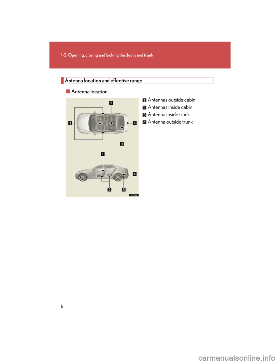 Lexus IS250 2007 Air Conditioning / LEXUS 2007 IS350/250 (OM53578U) Owners Guide 6
1-2. Opening, closing and locking the doors and trunk
Antenna location and effective range
■Antenna location
Antennas outside cabin
Antennas inside cabin
Antenna inside trunk
Antenna outside trunk Lexus IS250 2007 Air Conditioning / LEXUS 2007 IS350/250 (OM53578U) Owners Guide 6
1-2. Opening, closing and locking the doors and trunk
Antenna location and effective range
■Antenna location
Antennas outside cabin
Antennas inside cabin
Antenna inside trunk
Antenna outside trunk
