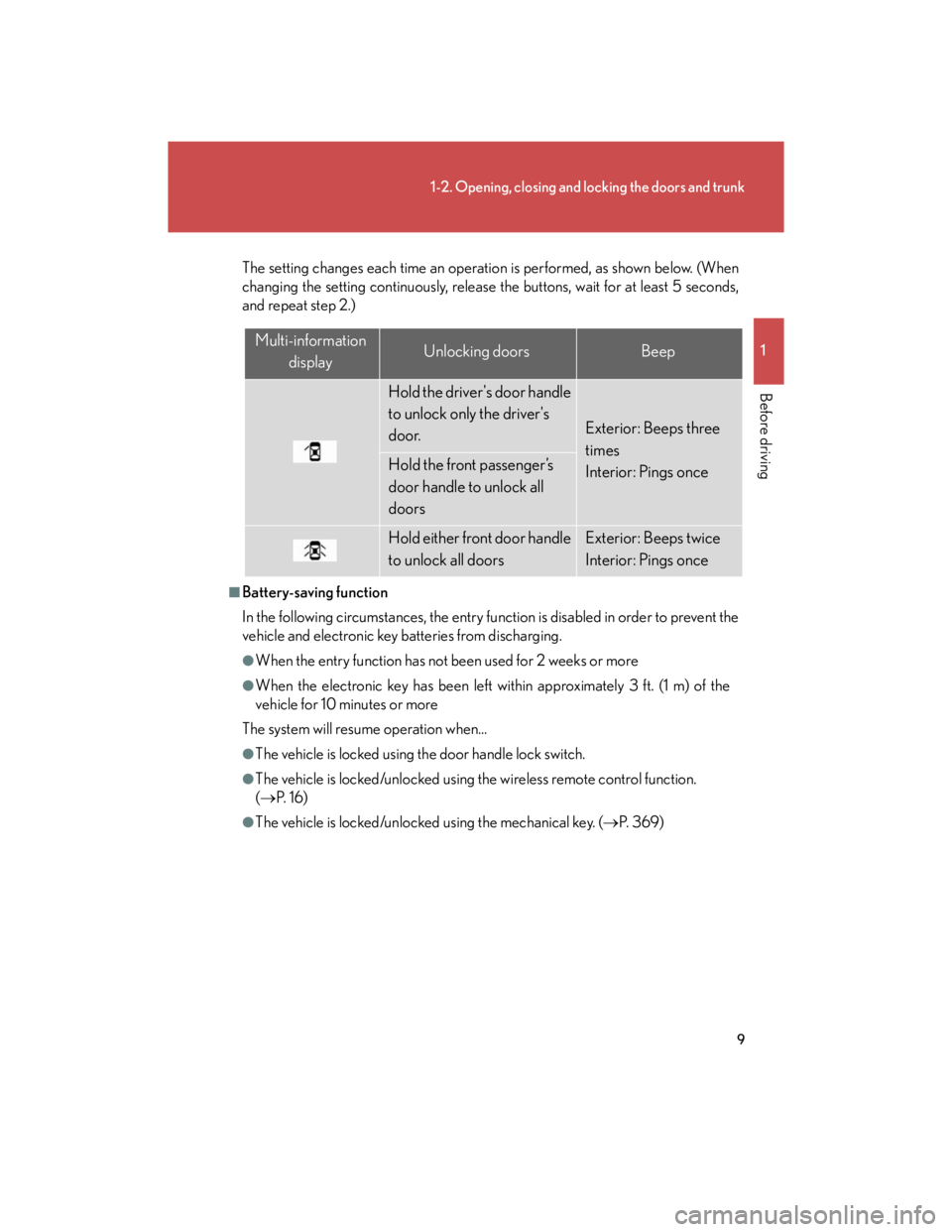 Lexus IS250 2007 Air Conditioning / LEXUS 2007 IS350/250 (OM53578U) Owners Guide 9
1-2. Opening, closing and locking the doors and trunk
1
Before driving
The setting changes each time an operation is performed, as shown below. (When
changing the setting continuously, release the b Lexus IS250 2007 Air Conditioning / LEXUS 2007 IS350/250 (OM53578U) Owners Guide 9
1-2. Opening, closing and locking the doors and trunk
1
Before driving
The setting changes each time an operation is performed, as shown below. (When
changing the setting continuously, release the b
