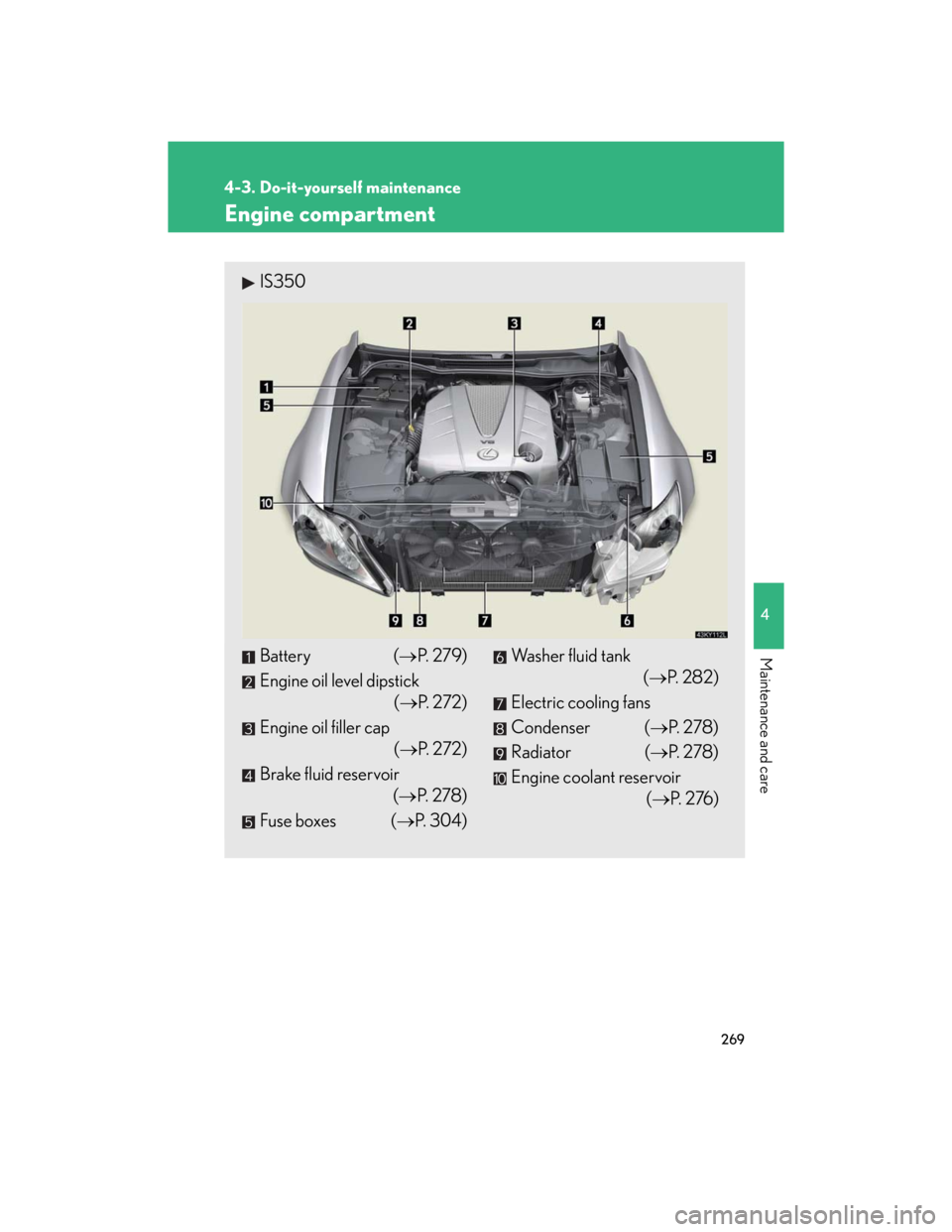 Lexus IS250 2007  Opening, closing and locking the doors and trunk / LEXUS 2007 IS350/250 OWNERS MANUAL (OM53578U) 269
4-3. Do-it-yourself maintenance
4
Maintenance and care
Engine compartment
IS350
Battery (P.  2 7 9 )
Engine oil level dipstick
(P.  2 7 2 )
Engine oil filler cap
(P.  2 7 2 )
Brake fluid 