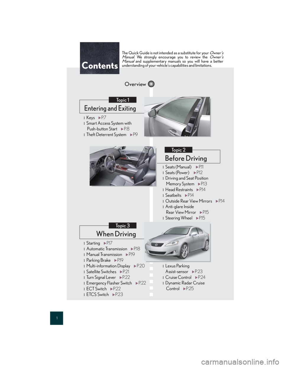 Lexus IS250 2007  Basic Functions / LEXUS 2007 IS350/250 QUICK REFERENCE MANUAL 1
When Driving
Topic 3
Entering and Exiting
Topic 1
Before Driving
Topic 2
Overview
Contents
lStartingP.1 7
lAutomatic Transmission P.1 8
lManual TransmissionP.1 9
lPa r k i n g  B r a keP.1 9
lMulti-