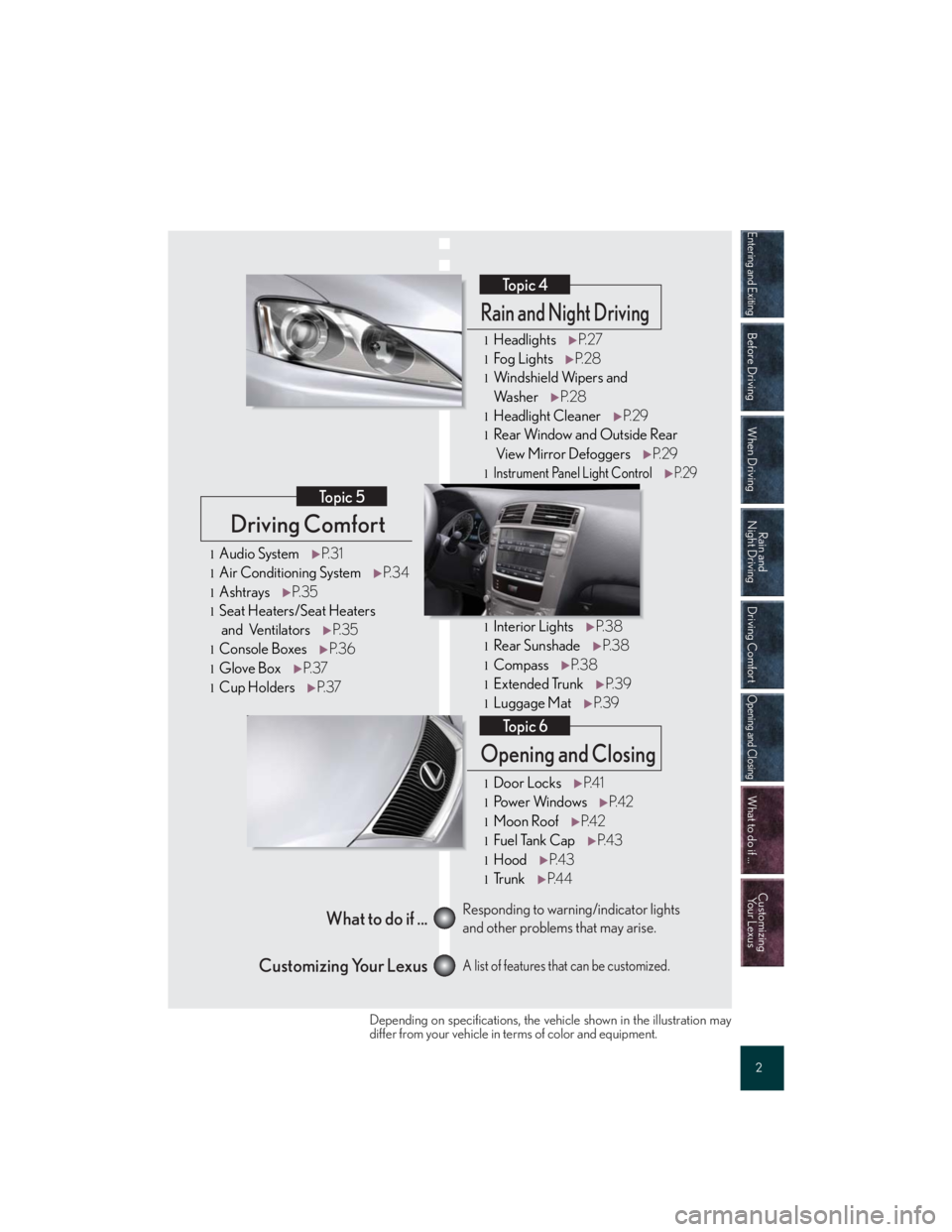 Lexus IS250 2007  Basic Functions / LEXUS 2007 IS350/250 QUICK REFERENCE MANUAL Entering and Exiting
Before Driving
When Driving
Rain and 
Night Driving
Driving Comfort
Opening and Closing
What to do if ...
Customizing
Yo u r  L e x u s
2
Driving Comfort
Topic 5
Opening and Closi