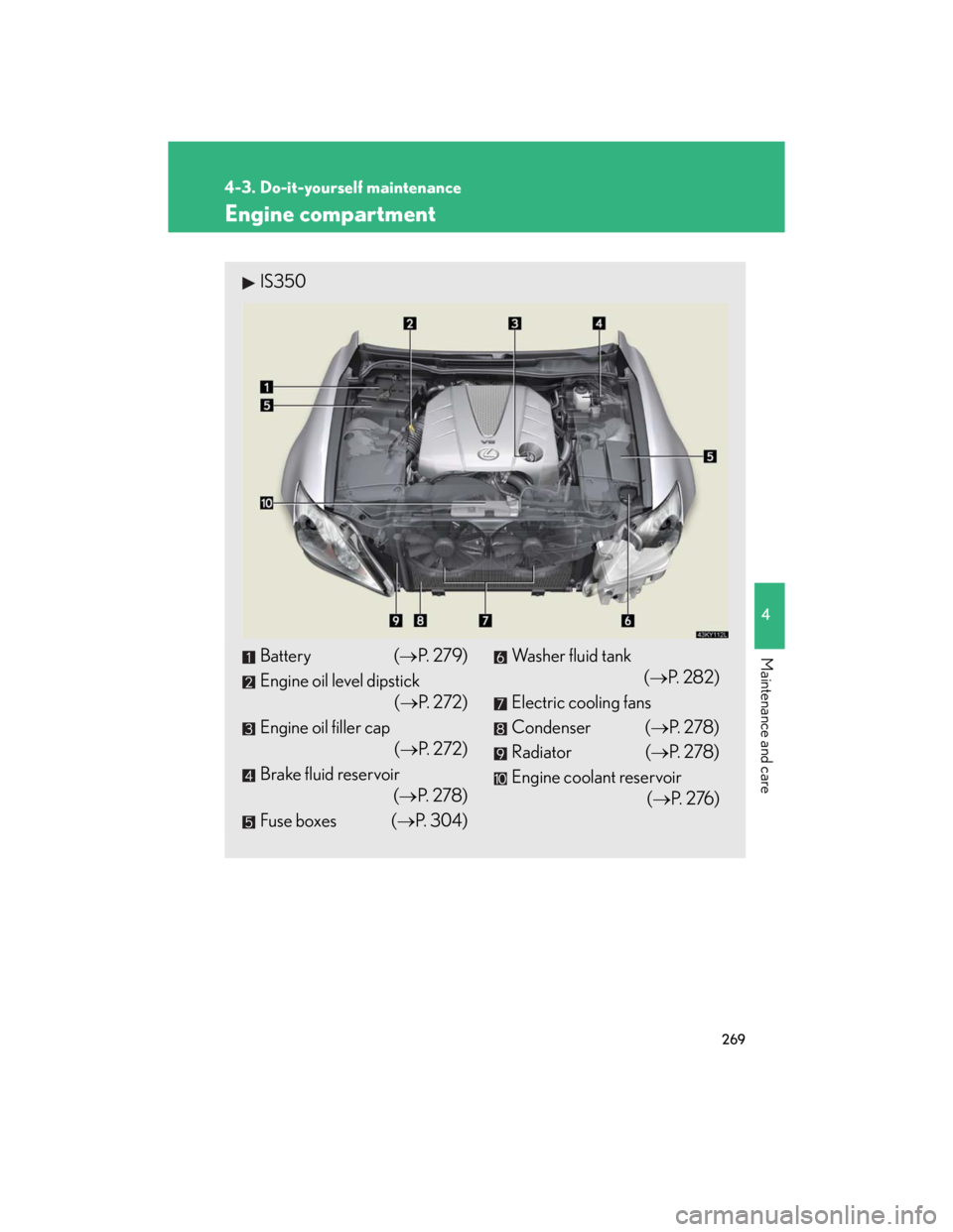 Lexus IS250 2007  Anti-theft system / LEXUS 2007 IS350/250 OWNERS MANUAL (OM53578U) 269
4-3. Do-it-yourself maintenance
4
Maintenance and care
Engine compartment
IS350
Battery (P.  2 7 9 )
Engine oil level dipstick
(P.  2 7 2 )
Engine oil filler cap
(P.  2 7 2 )
Brake fluid 
