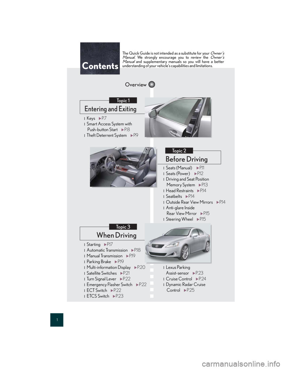 Lexus IS250 2007  Anti-theft system / LEXUS 2007 IS350/250 QUICK REFERENCE MANUAL 1
When Driving
Topic 3
Entering and Exiting
Topic 1
Before Driving
Topic 2
Overview
Contents
lStartingP.1 7
lAutomatic Transmission P.1 8
lManual TransmissionP.1 9
lPa r k i n g  B r a keP.1 9
lMulti-