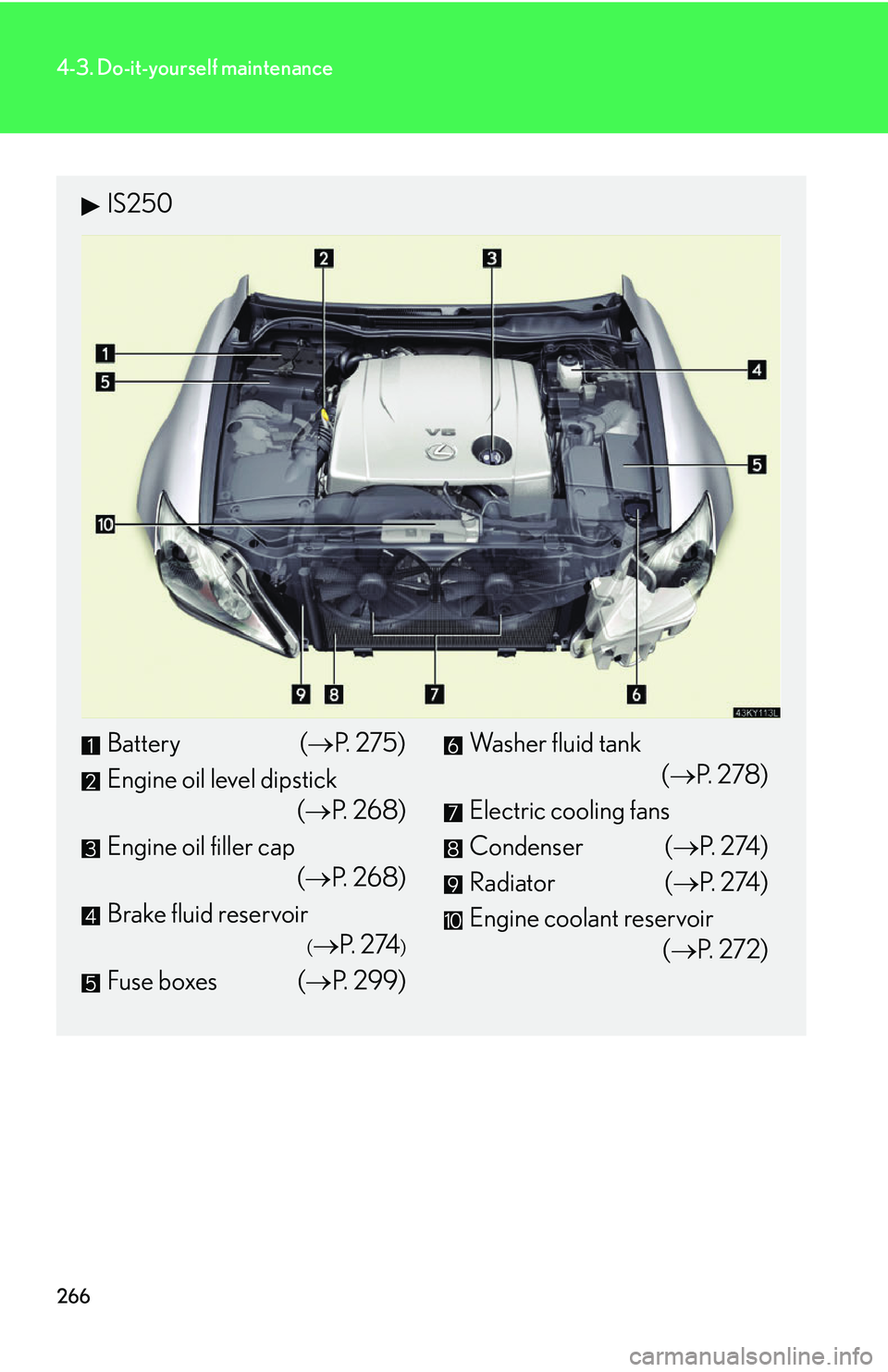 Lexus IS250 2006  Audio/video System / LEXUS 2006 IS350/250 FROM MAY 2006 PROD. OWNERS MANUAL (OM53619U) 266
4-3. Do-it-yourself maintenance
IS250
Battery (P. 275)
Engine oil level dipstick (P.  2 6 8 )
Engine oil filler cap (P.  2 6 8 )
Brake fluid reservoir
( P.  2 74)
Fuse boxes ( P.  2