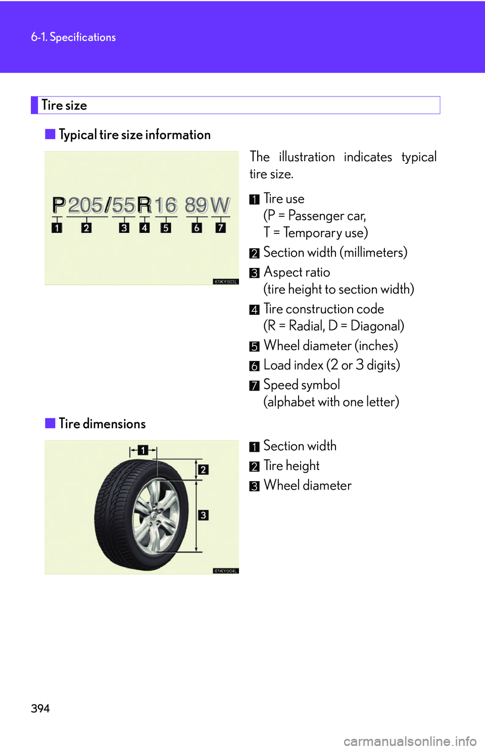 Lexus IS250 2006 Audio/video System / LEXUS 2006 IS350/250 FROM MAY 2006 PROD. OWNERS MANUAL (OM53619U) 394
6-1. Specifications
Tire size■ Typical tire size information
The illustration indicates typical
tire size.
Ti r e u s e
(P = Passenger car,
T = Temporary use)
Section width (millimeters)
Aspec Lexus IS250 2006 Audio/video System / LEXUS 2006 IS350/250 FROM MAY 2006 PROD. OWNERS MANUAL (OM53619U) 394
6-1. Specifications
Tire size■ Typical tire size information
The illustration indicates typical
tire size.
Ti r e u s e
(P = Passenger car,
T = Temporary use)
Section width (millimeters)
Aspec