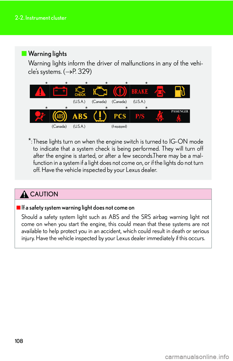 Lexus IS250 2006  Other Functions / LEXUS 2006 IS350/250 THROUGH APRIL 2006 PROD.  (OM53508U) User Guide 108
2-2. Instrument cluster
CAUTION
■If a safety system warning light does not come on 
Should a safety system light such as ABS and the SRS airbag warning light not
come on when you start the engin