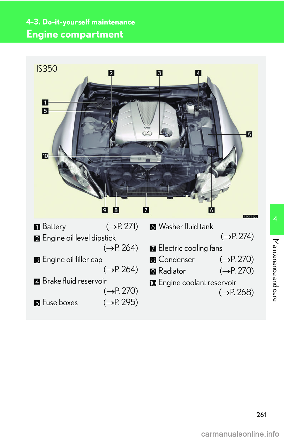 Lexus IS250 2006  Other Functions / LEXUS 2006 IS350/250 THROUGH APRIL 2006 PROD. OWNERS MANUAL (OM53508U) 261
4-3. Do-it-yourself maintenance
4
Maintenance and care
Engine compartment
Battery (P. 271)
Engine oil level dipstick (P.  2 6 4 )
Engine oil filler cap (P.  2 6 4 )
Brake fluid reservoir 