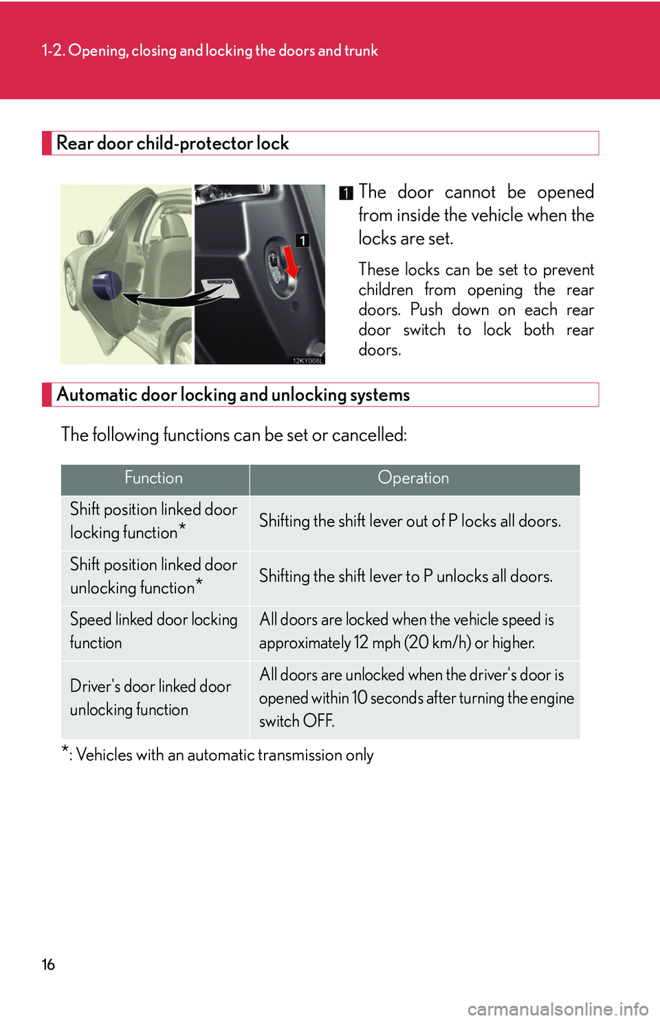 Lexus IS250 2006  Opening, closing and locking the doors and trunk / LEXUS 2006 IS350/250 THROUGH APRIL 2006 PROD.  (OM53508U) Owners Guide 16
1-2. Opening, closing and locking the doors and trunk
Rear door child-protector lockThe door cannot be opened
from inside the vehicle when the
locks are set.
These locks can be set to prevent
child