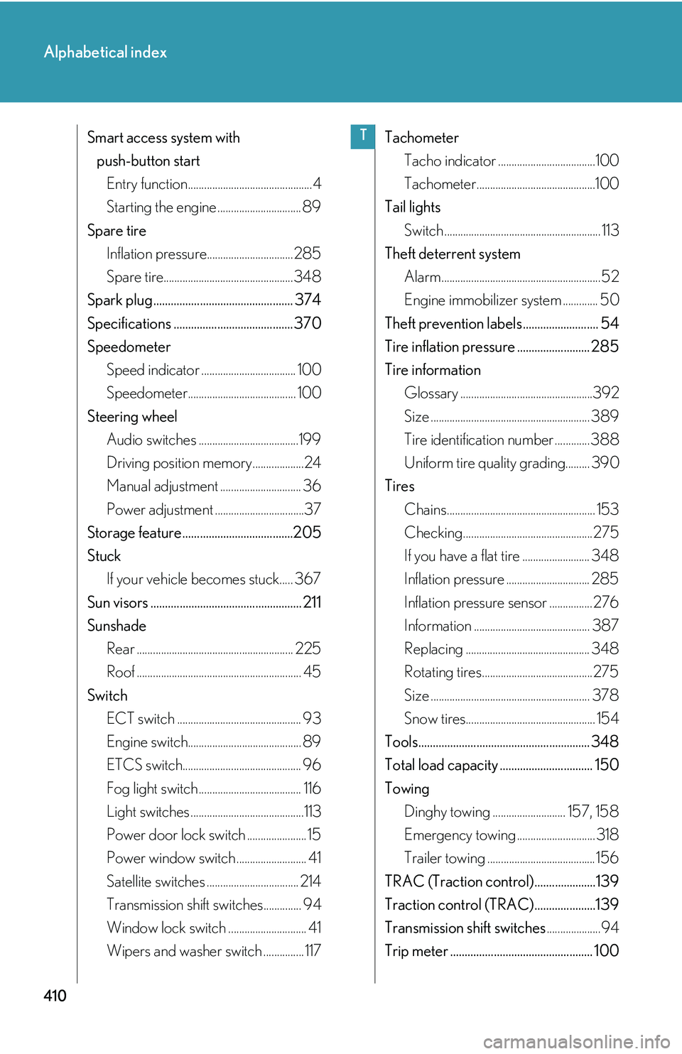 Lexus IS250 2006  Opening, closing and locking the doors and trunk / LEXUS 2006 IS350/250 THROUGH APRIL 2006 PROD. OWNERS MANUAL (OM53508U) 410
Alphabetical index
Smart access system with push-button startEntry function..............................................4
Starting the engine ............................... 89
Spare tire Inflati